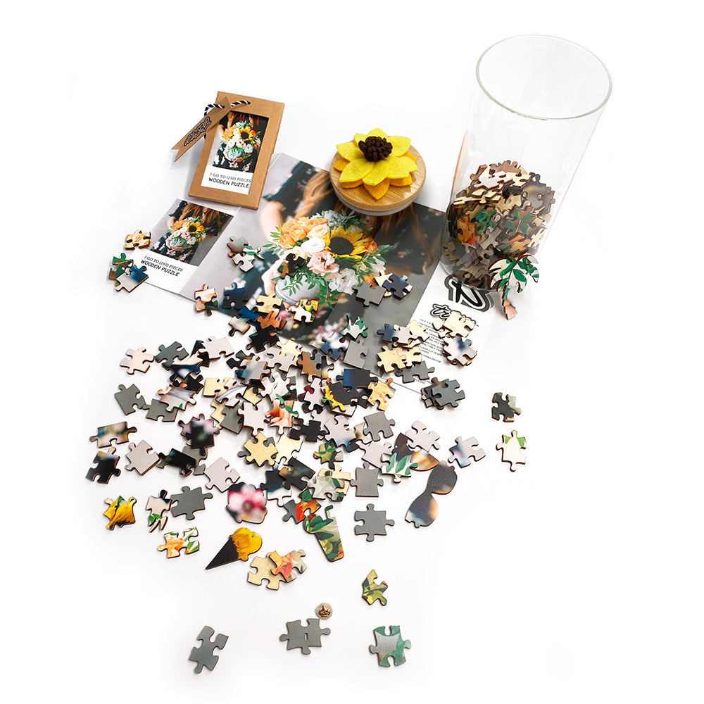 I Go To (250) Pieces Wooden Puzzle Summer Bouquet with open Glass Vase and puzzle pieces