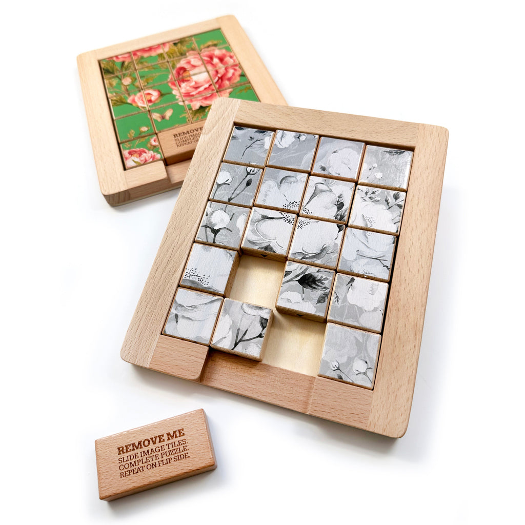 Dualities Wooden Sliding Puzzle: Color v. Black + White 2 sided puzzle