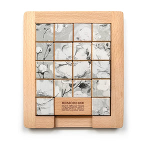 The back side of Dualities Wooden Sliding Puzzle: Color v. Black + White 2 sided puzzle