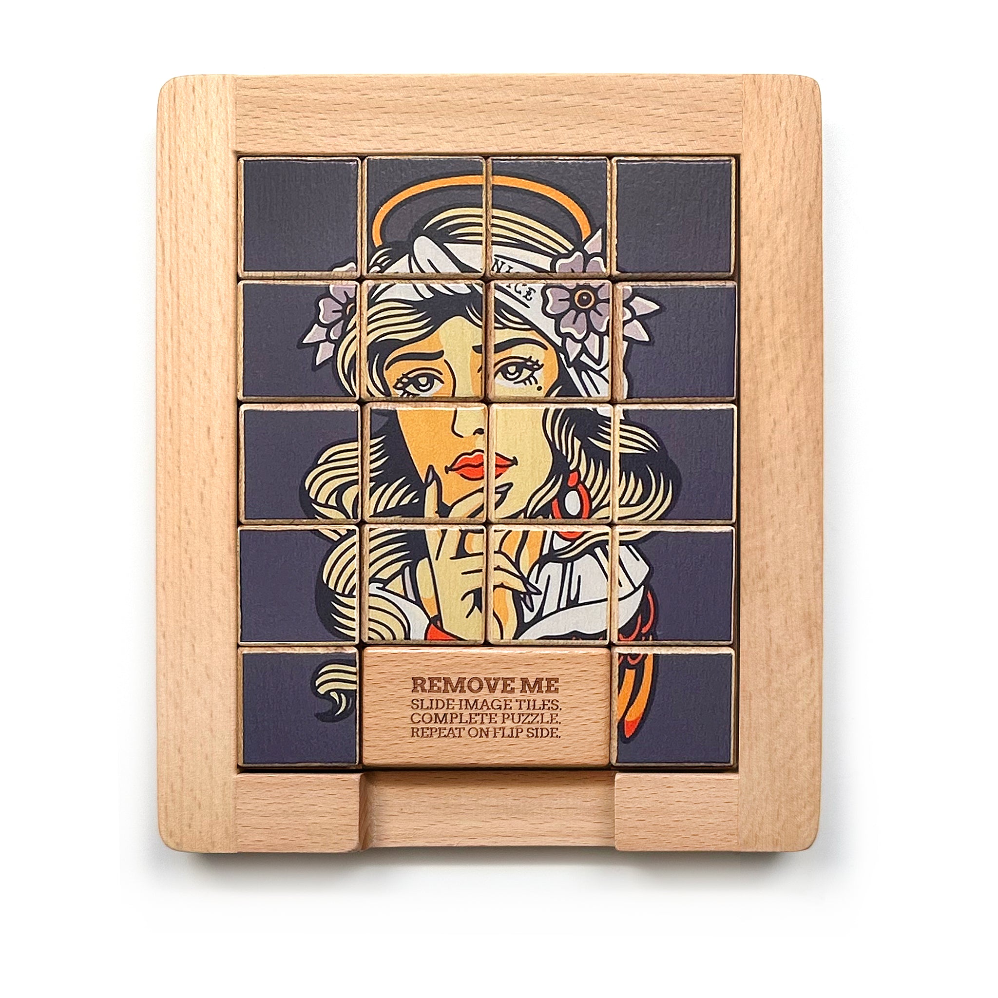 The back side of Dualities Wooden Sliding Puzzle: Naughty v. Nice 2 sided puzzle