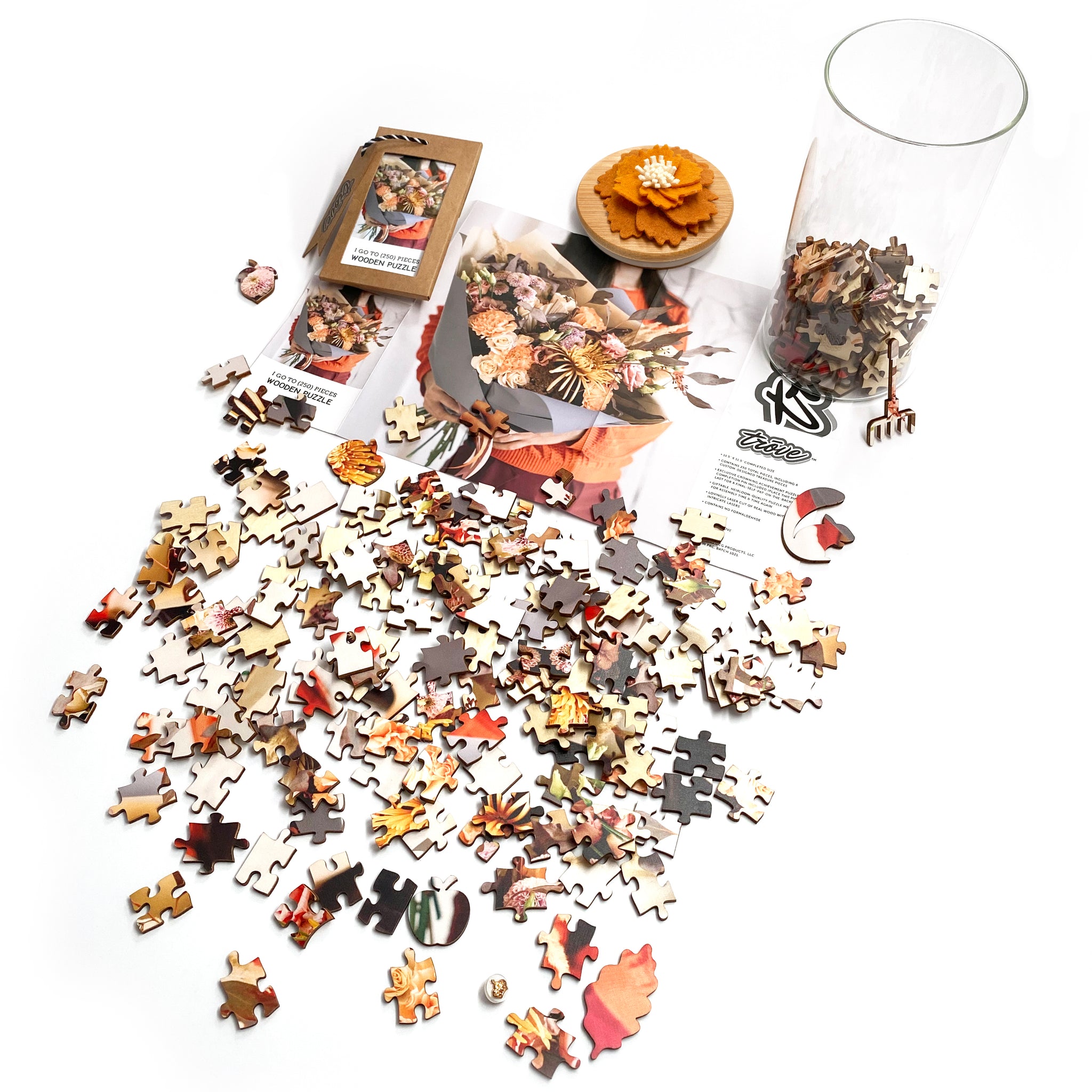 I Go To (250) Pieces Wooden Puzzle Fall Bouquet with open Glass Vase and puzzle pieces