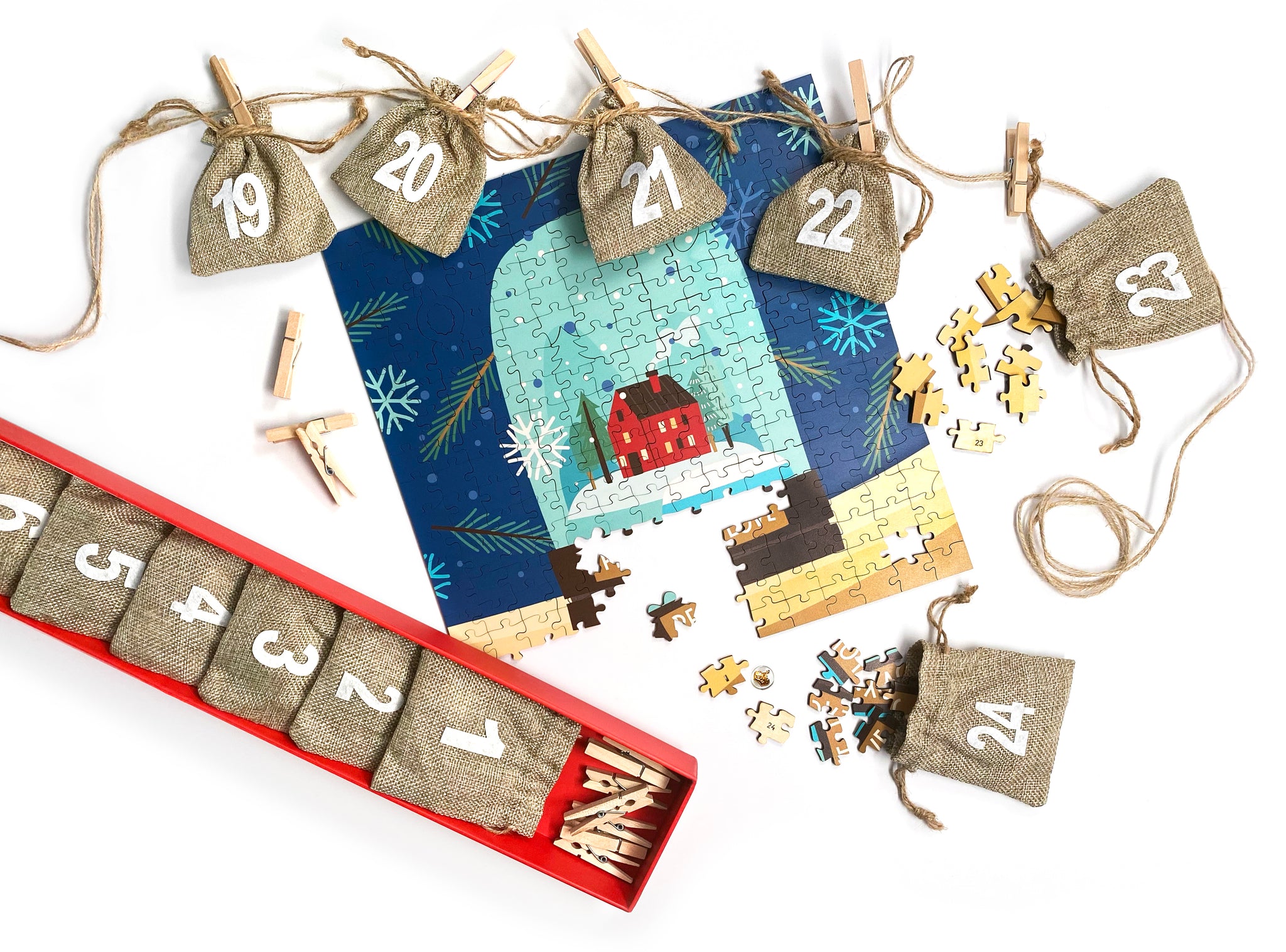 Modern Christmas puzzle in Advent Calendar Kit with pouches, jute cord, and wooden clips for garland, Christmas tree, mantle, or holiday table