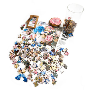 I Go To (250) Pieces Wooden Puzzle: Spring Bouquet in Glass Vase with Flower Lid open vase with puzzle pieces