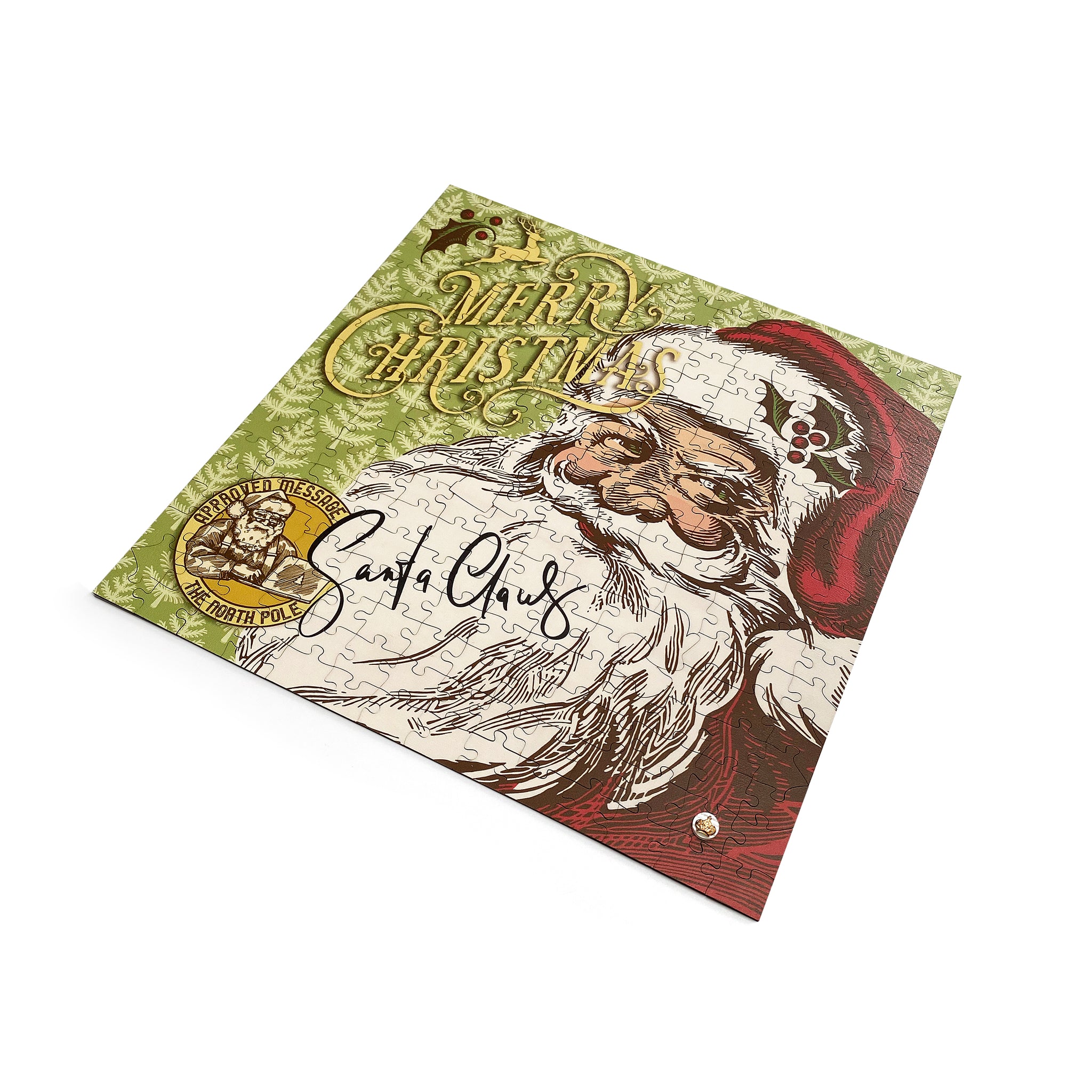 Assembled Vintage Christmas puzzle with Crowning Achievement Puzzle Completion Pin